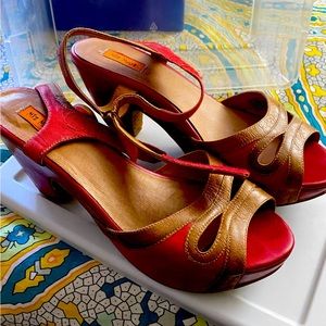 Miz Mooz red and tan platform sandals
